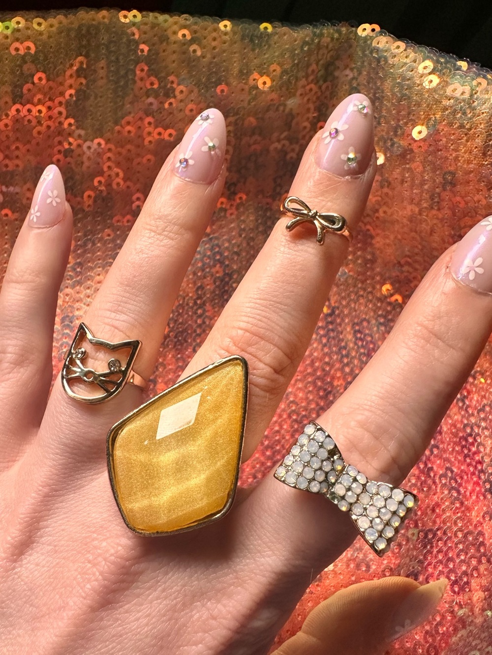 UO • Gold Tone Cat, Bow, Ribbon and Rhinestone Ring Bundle
